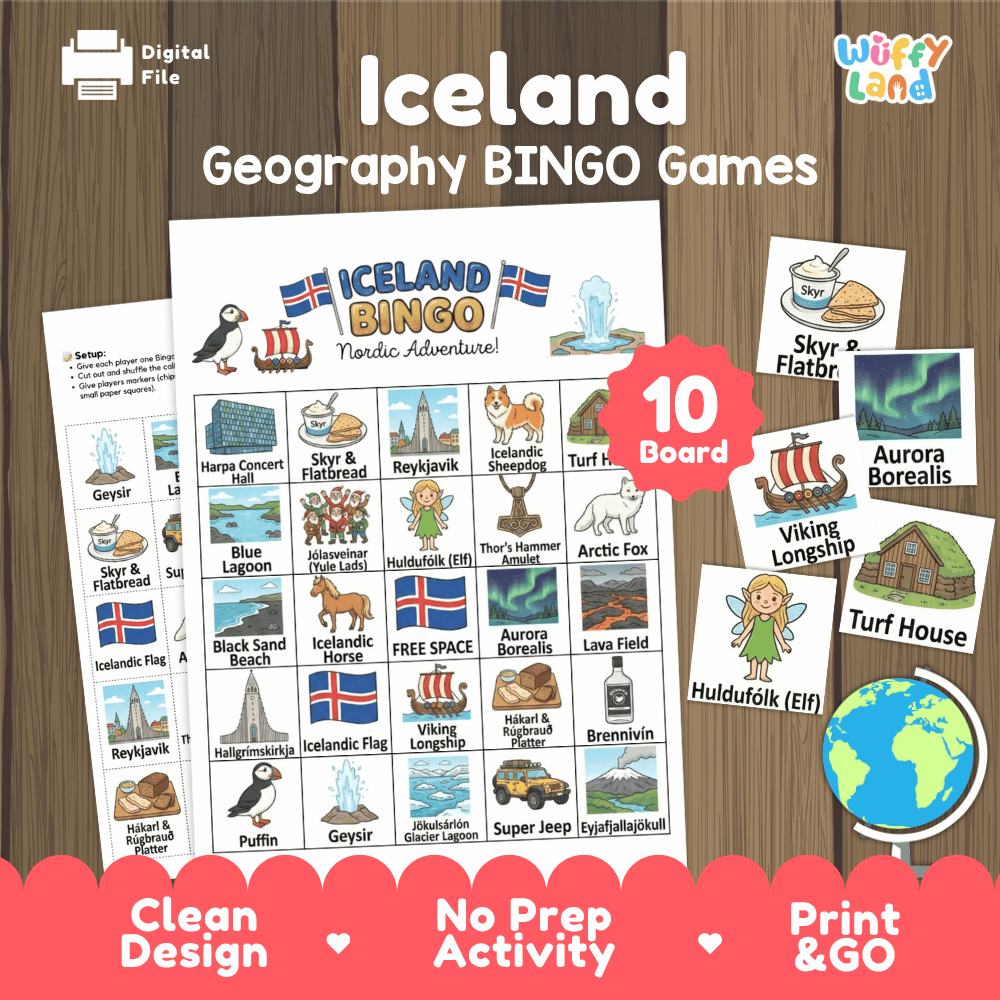 Classroom educational Bingo game cards featuring Viking Longship, Aurora Borealis, Huldufólk elf, and Turf House 🎲⛵