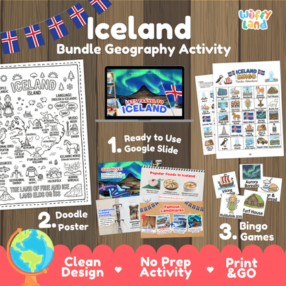 Complete Iceland geography activity bundle featuring Google Slides, doodle coloring poster, and classroom bingo games 🇮🇸🎒