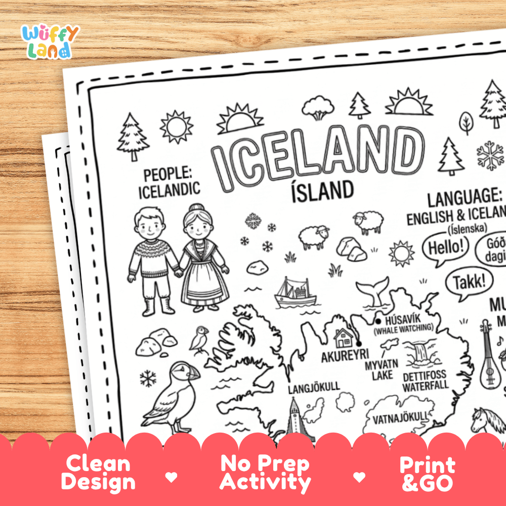 Cultural coloring page featuring traditional Icelandic attire, geothermal energy, wool sweaters, and Icelandic greeting speech bubbles