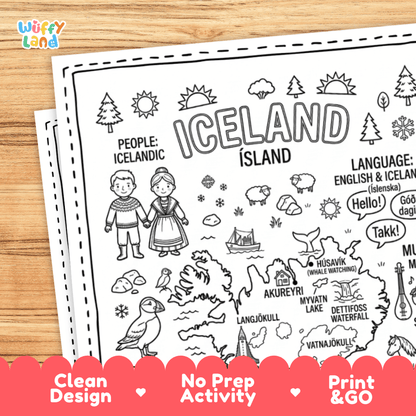 Cultural coloring page featuring traditional Icelandic attire, geothermal energy, wool sweaters, and Icelandic greeting speech bubbles