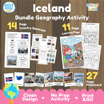 Iceland geography activity bundle cover showing 14 country research pages, 11 coloring pages, and 27 photo flashcards