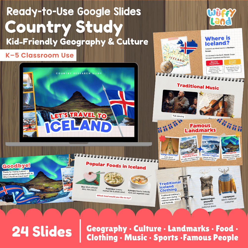 Interactive Google Slides deck displaying famous Icelandic landmarks like Hallgrímskirkja, Aurora Borealis, and Skyr 💻🌋