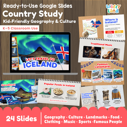 Interactive Google Slides deck displaying famous Icelandic landmarks like Hallgrímskirkja, Aurora Borealis, and Skyr 💻🌋