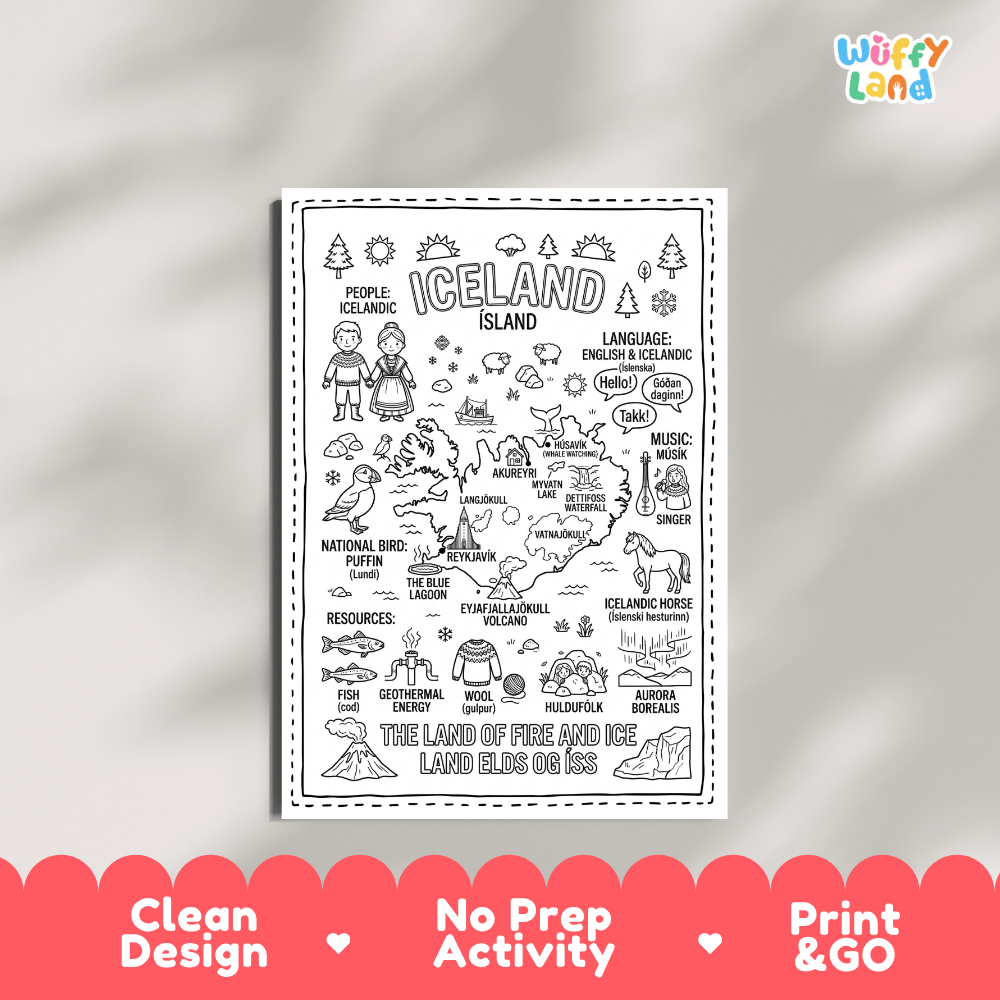 Educational activity coloring page highlighting Iceland's national bird the Atlantic Puffin, Icelandic horse, and northern lights