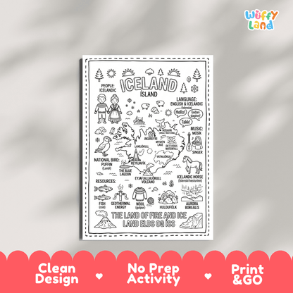 Educational activity coloring page highlighting Iceland's national bird the Atlantic Puffin, Icelandic horse, and northern lights