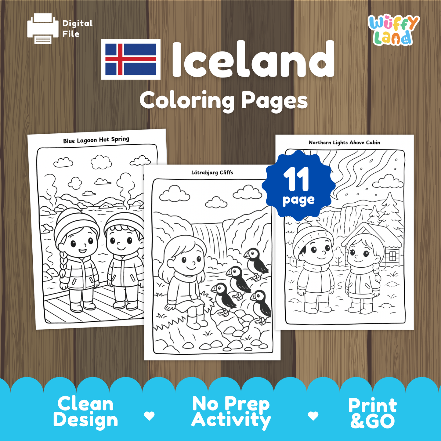 Black-and-white Iceland-themed coloring pages for kids, featuring three scenes: children at the Blue Lagoon hot spring, a girl sitting near Látrabjarg cliffs with puffins, and two children watching the northern lights above a cabin. A badge indicates “11 pages