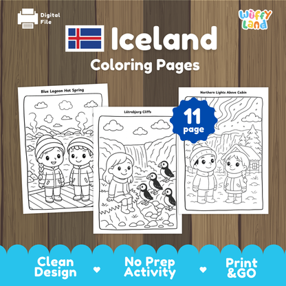 Black-and-white Iceland-themed coloring pages for kids, featuring three scenes: children at the Blue Lagoon hot spring, a girl sitting near Látrabjarg cliffs with puffins, and two children watching the northern lights above a cabin. A badge indicates “11 pages