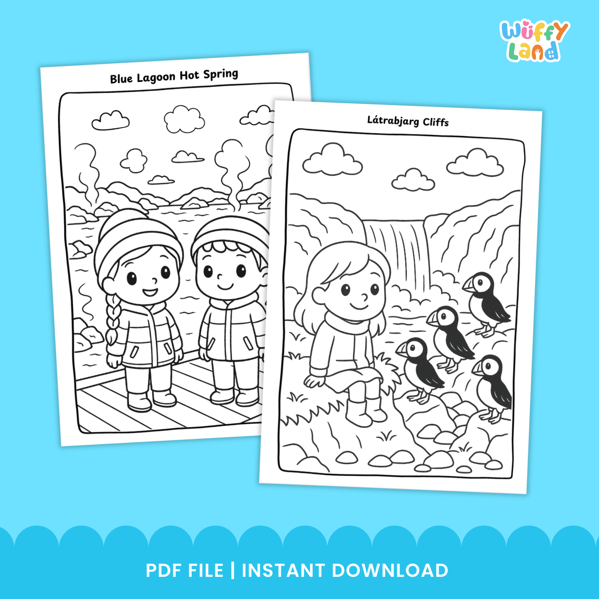 Black-and-white Iceland-themed coloring pages for kids, featuring three scenes: children at the Blue Lagoon hot spring, a girl sitting near Látrabjarg cliffs with puffins, and two children watching the northern lights above a cabin. A badge indicates “11 pages