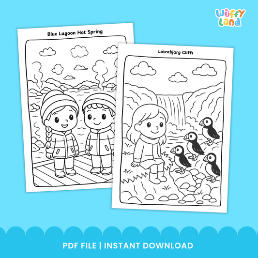 Black-and-white Iceland-themed coloring pages for kids, featuring three scenes: children at the Blue Lagoon hot spring, a girl sitting near Látrabjarg cliffs with puffins, and two children watching the northern lights above a cabin. A badge indicates “11 pages