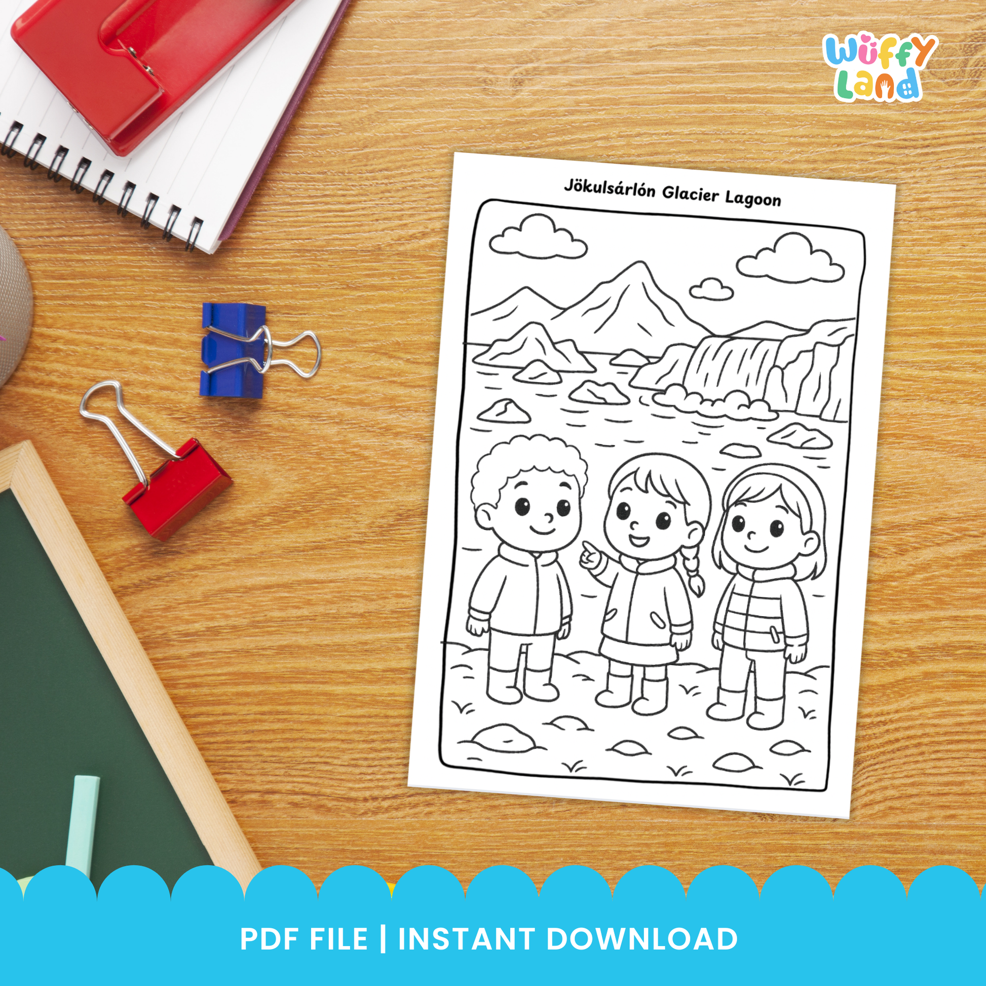 Black-and-white Iceland-themed coloring pages for kids, featuring three scenes: children at the Blue Lagoon hot spring, a girl sitting near Látrabjarg cliffs with puffins, and two children watching the northern lights above a cabin. A badge indicates “11 pages.”