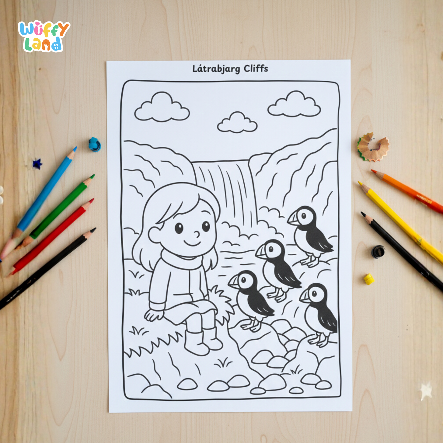 Black-and-white Iceland-themed coloring pages for kids, featuring three scenes: children at the Blue Lagoon hot spring, a girl sitting near Látrabjarg cliffs with puffins, and two children watching the northern lights above a cabin. A badge indicates “11 pages.”