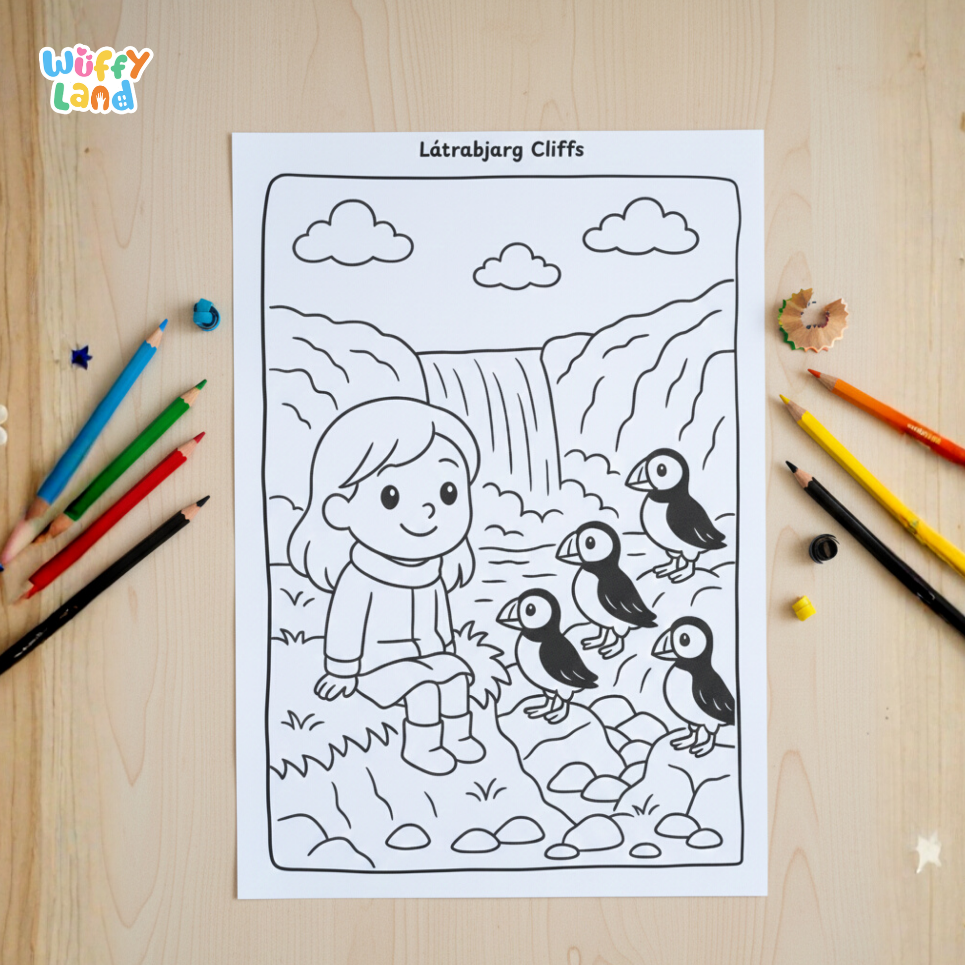 Black-and-white Iceland-themed coloring pages for kids, featuring three scenes: children at the Blue Lagoon hot spring, a girl sitting near Látrabjarg cliffs with puffins, and two children watching the northern lights above a cabin. A badge indicates “11 pages.”
