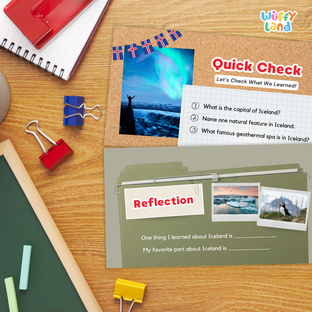 A children's educational activity sheet about Iceland titled 'Quick Check' and 'Reflection,' laid out on a wooden desk with school supplies including binder clips, a spiral notebook, chalk, and a green board. The sheet includes a polar landscape photo, a reindeer silhouette, and text prompts about Iceland.