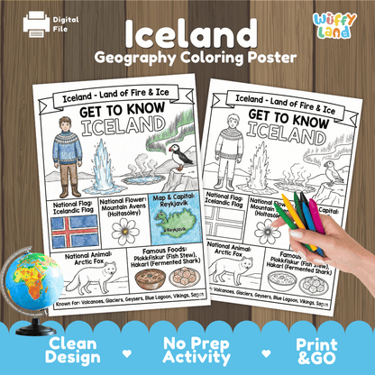 Iceland Geography Coloring Poster and Fact Sheet Printables