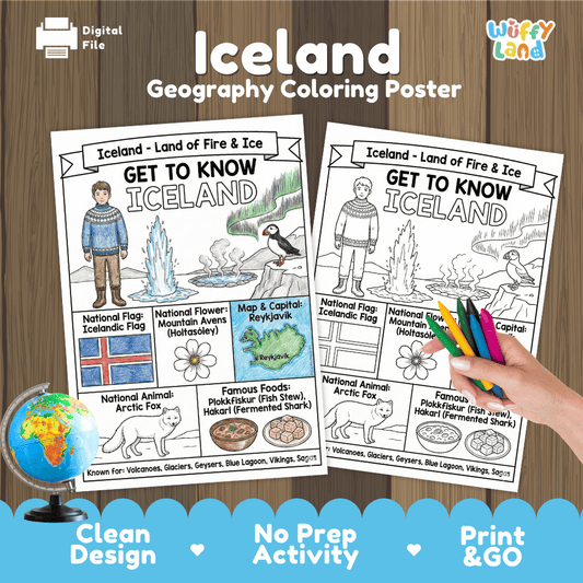 Iceland Geography Coloring Poster and Fact Sheet Printables