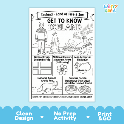 Iceland Geography Coloring Poster and Fact Sheet Printables