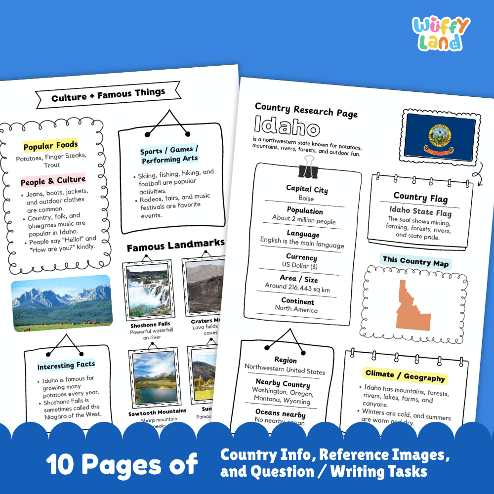 Idaho Country Research Project Worksheets and Activity Pages