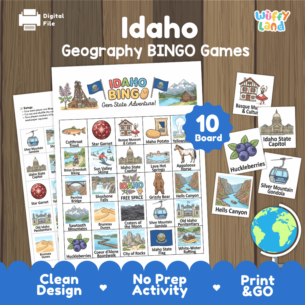 Idaho Geography BINGO Game Gem State Activity Printable Boards