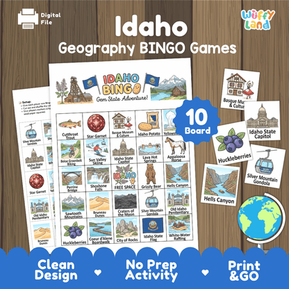 Idaho Geography BINGO Game Gem State Activity Printable Boards