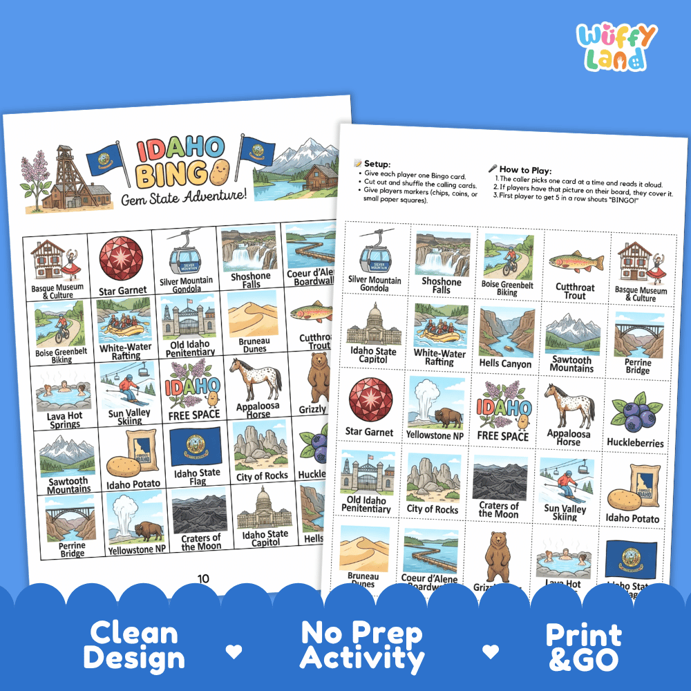 Idaho Geography BINGO Game Gem State Activity Printable Boards