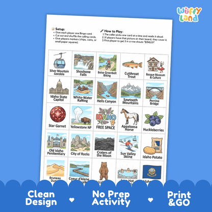 Idaho Geography BINGO Game Gem State Activity Printable Boards