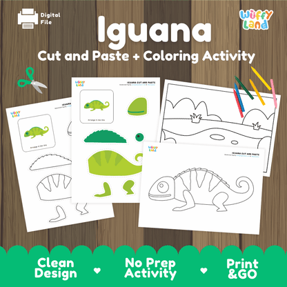 Iguana Cut and Paste Craft and Coloring Activity Worksheets