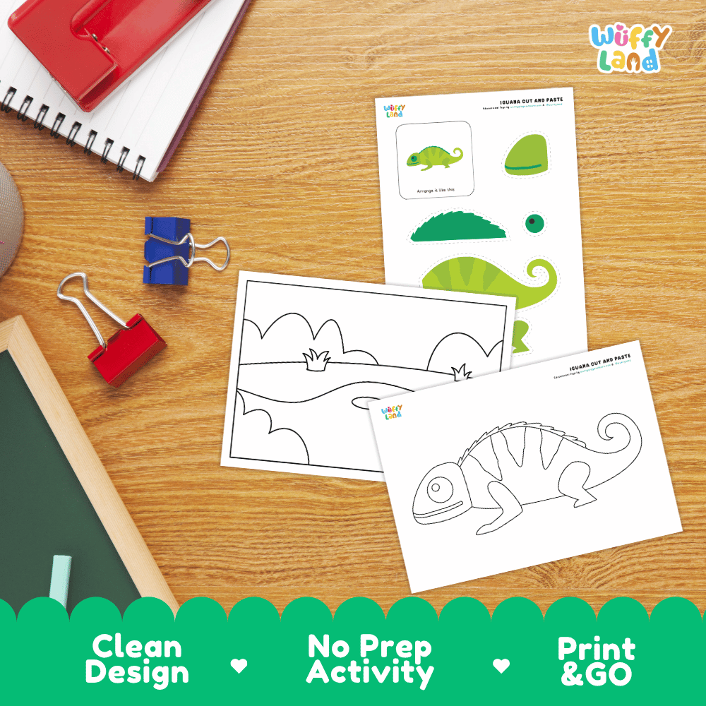 Iguana Cut and Paste Craft and Coloring Activity Worksheets