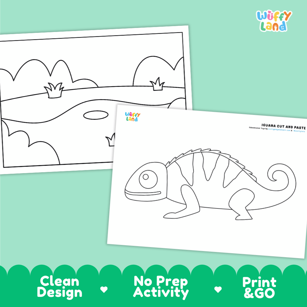 Iguana Cut and Paste Craft and Coloring Activity Worksheets