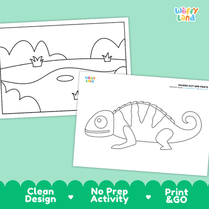 Iguana Cut and Paste Craft and Coloring Activity Worksheets