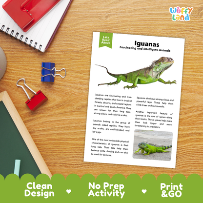 An educational activity sheet titled 'Iguanas Fascinating and Intelligent Animals' displayed on a wooden desk. The sheet features a green iguana illustration, text, and a small photo of a live iguana.
