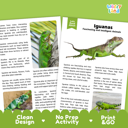 Two educational activity sheets from 'Wuffify Land' about iguanas, displayed on a white background with a green and white 'Print & Go' banner at the bottom. The sheets feature text, diagrams, and a color illustration of colorful tropical iguanas.