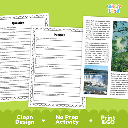 Three printable educational worksheets about Spitsbergen and Spitsbury Falls are shown on a white background with decorative scalloped borders. The left sheet has a partially filled question, the center sheet is blank with a question heading, and the right sheet contains a short reading passage and a small landscape photo.