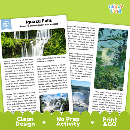Two printed educational poster pages about Iguguazu Falls, South America, shown on a light gray background with green and blue graphic accents. The left page has text and a landscape photo, and the right page has a labeled map and additional text.