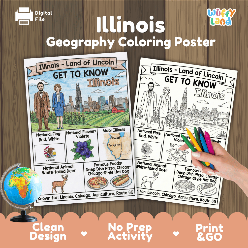 Illinois State Geography Coloring Poster | US States Study Research Worksheet Activity