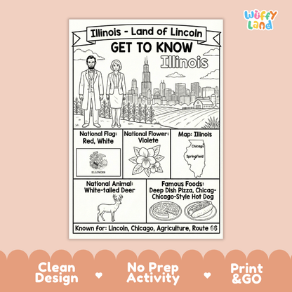 Illinois State Geography Coloring Poster | US States Study Research Worksheet Activity