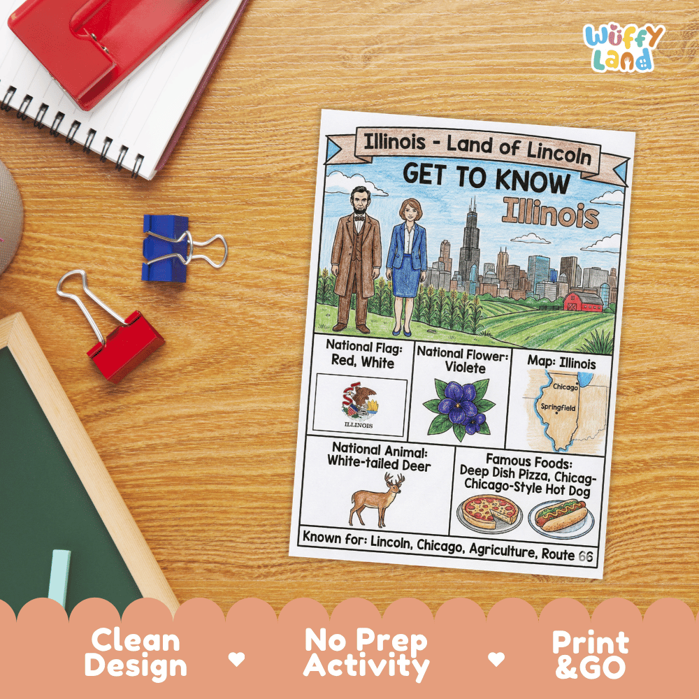 Illinois State Geography Coloring Poster | US States Study Research Worksheet Activity