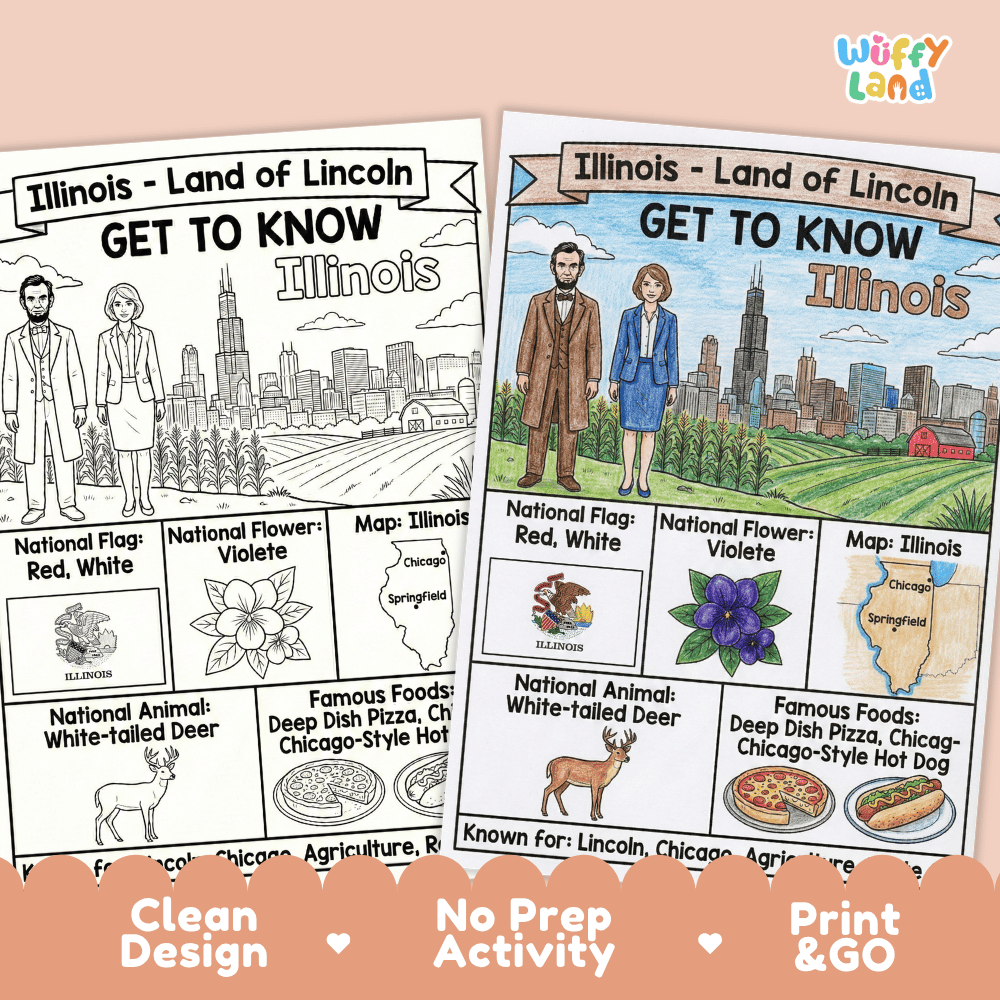 Illinois State Geography Coloring Poster | US States Study Research Worksheet Activity
