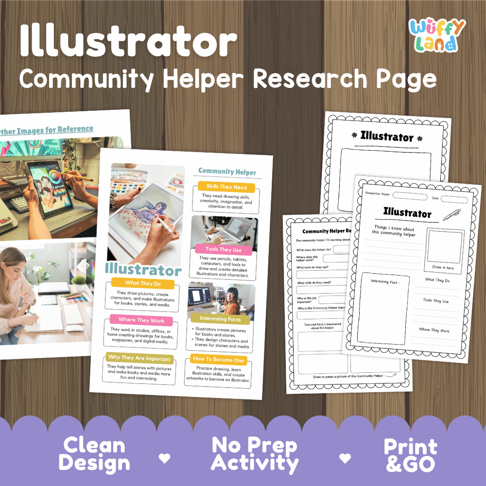Illustrator community helper research page writing worksheets pack featuring real photos and student activity pages for elementary social studies and visual arts