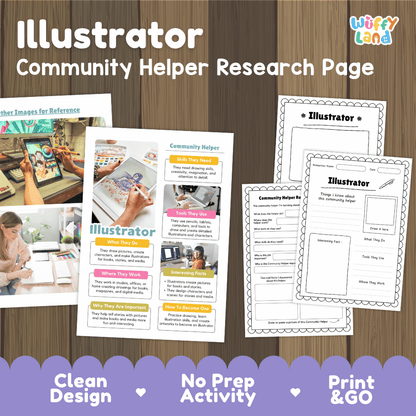 Illustrator community helper research page writing worksheets pack featuring real photos and student activity pages for elementary social studies and visual arts