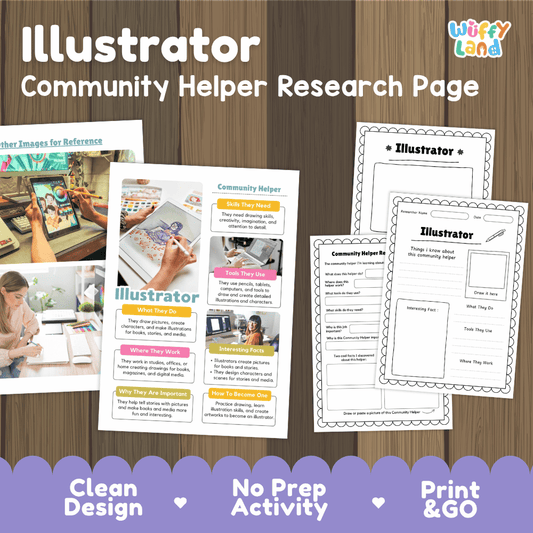 Illustrator community helper research page writing worksheets pack featuring real photos and student activity pages for elementary social studies and visual arts