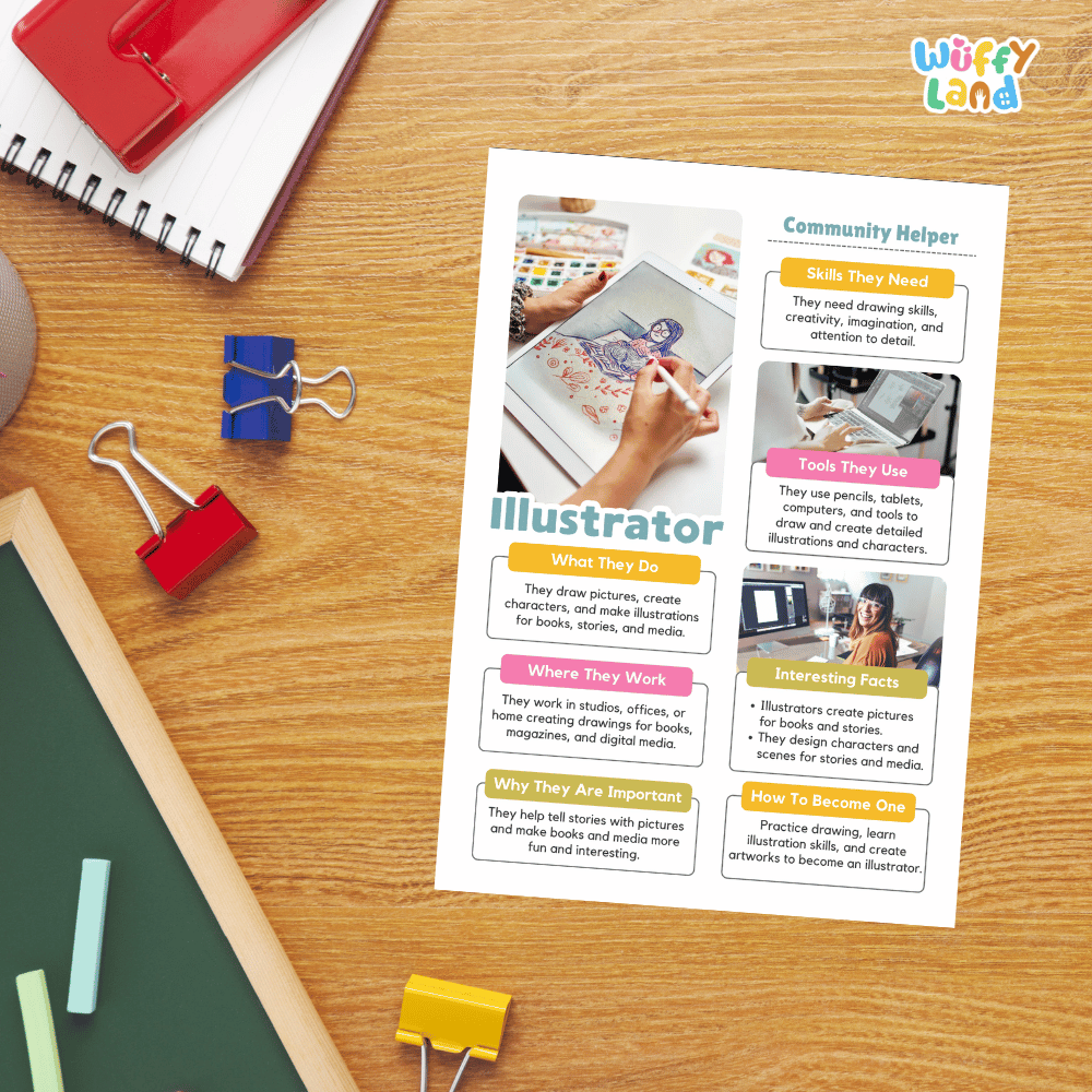 Guided student writing worksheets with lined sections for recording facts and a dedicated box for drawing or pasting a picture of an illustrator