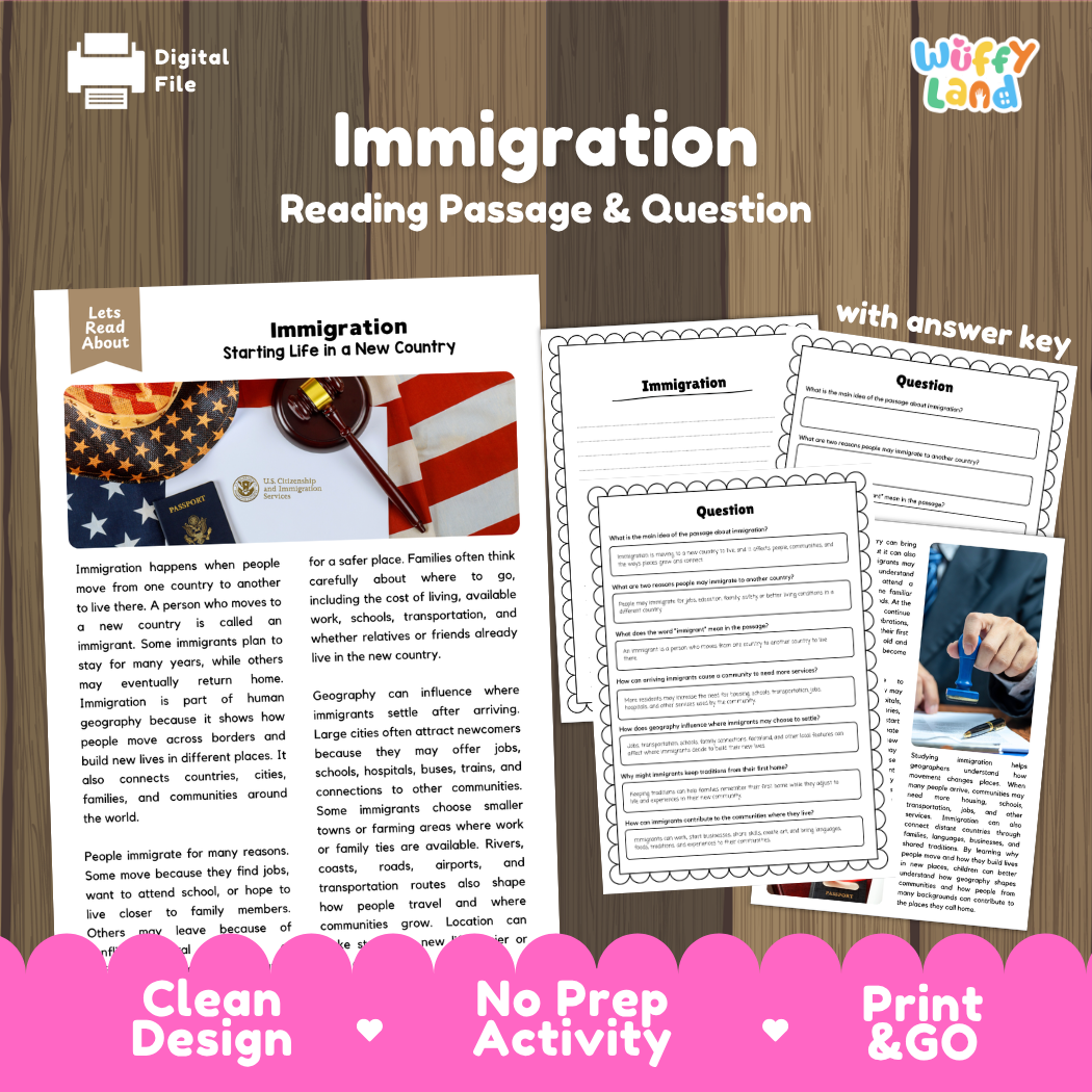 Immigration reading comprehension passage and questions printable activity pack with answer key for elementary students