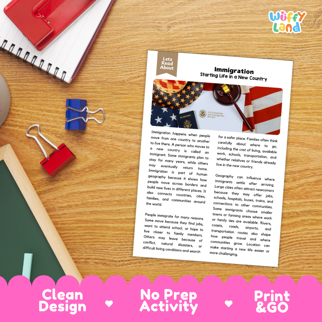 Student reading comprehension worksheet with short-answer questions and lined sections about immigration