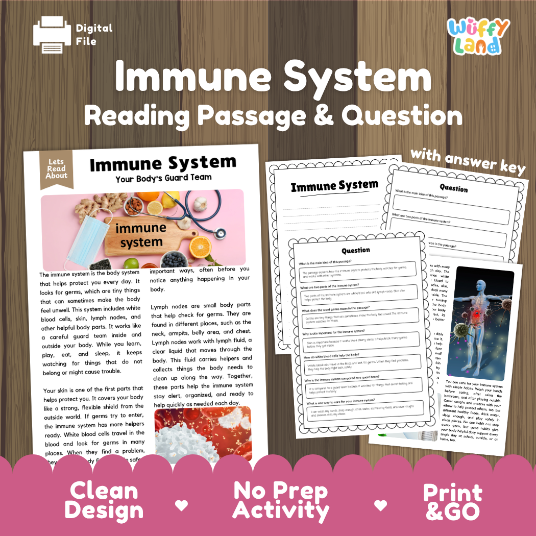 Immune system reading comprehension passage and questions printable activity pack with answer key for elementary students