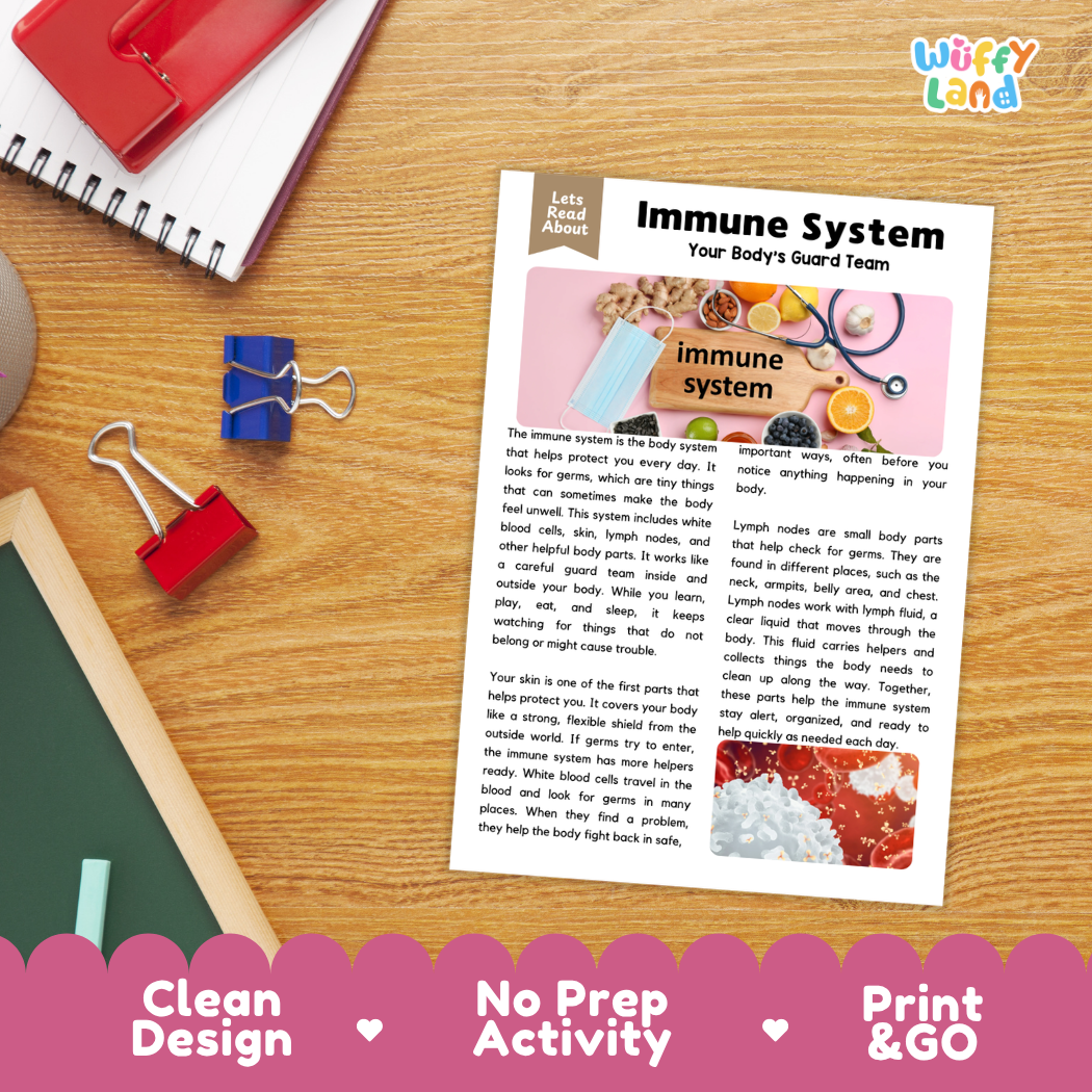Student reading comprehension worksheet with short-answer questions and lined sections about the human immune system