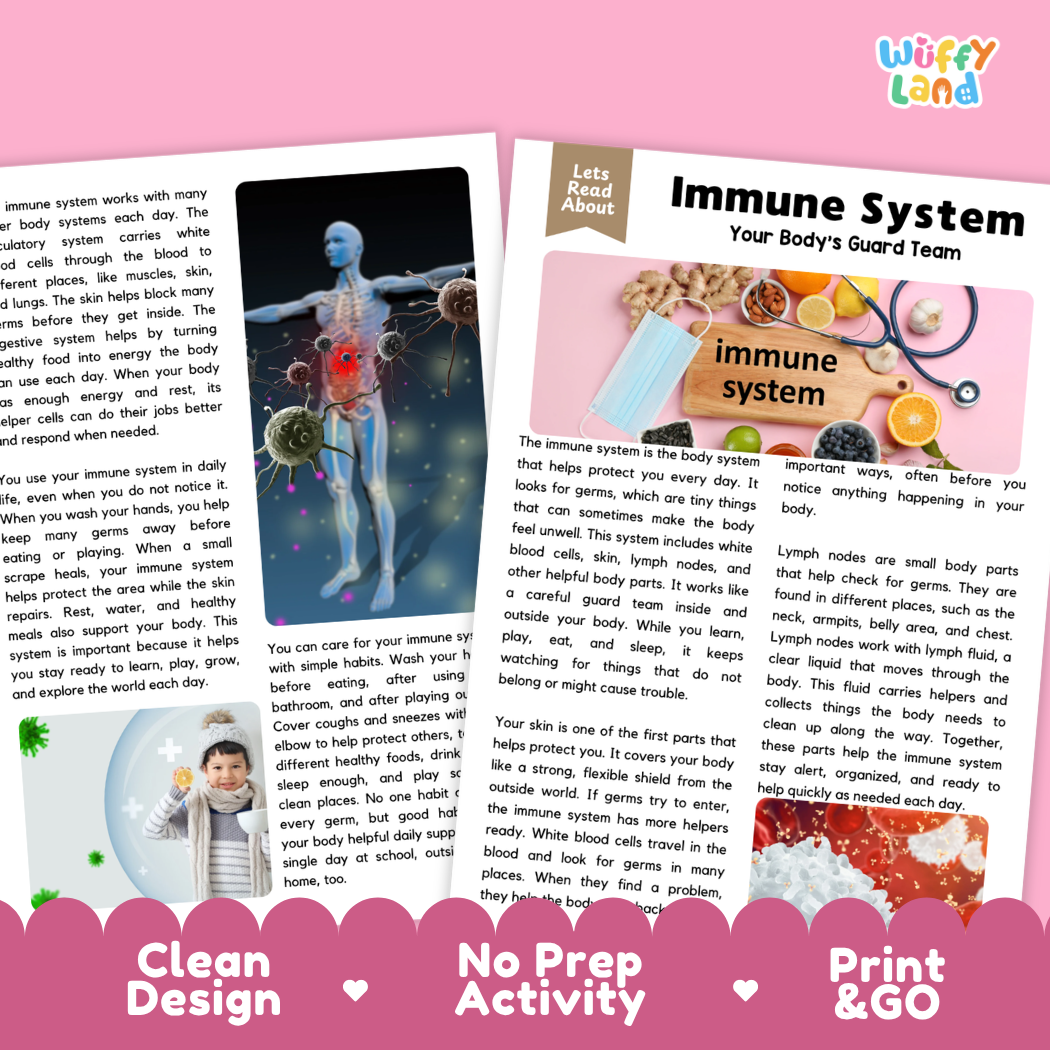 Teacher answer key page showing complete question solutions for Immune System human body reading comprehension practice