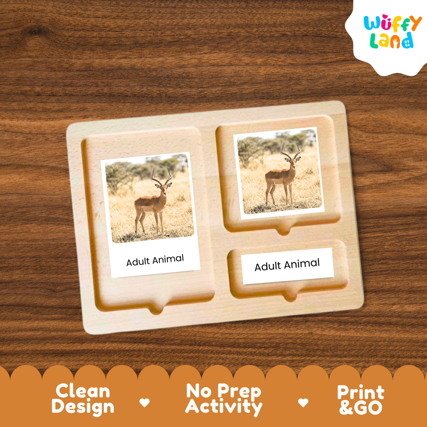 A wooden activity board with two labeled slots reading 'Adult Animal,' each containing a small photo card of an animal in a grassy landscape. The board is shown on a brown wood surface, with a Wuffy Land logo in the top right and a decorative orange banner at the bottom highlighting clean design, no prep activity, and print & go use.