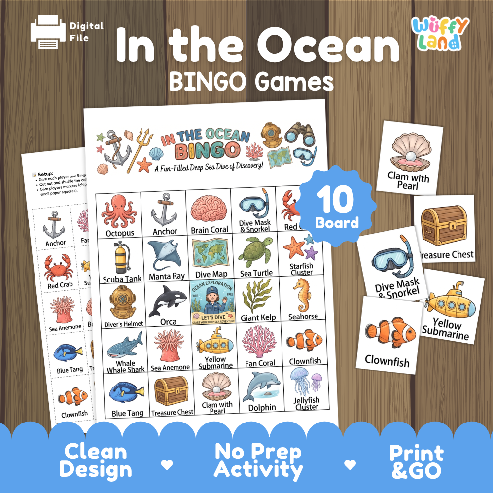 In the Ocean BINGO games cover showing 10 player boards caller cards scuba gear and marine life illustrations