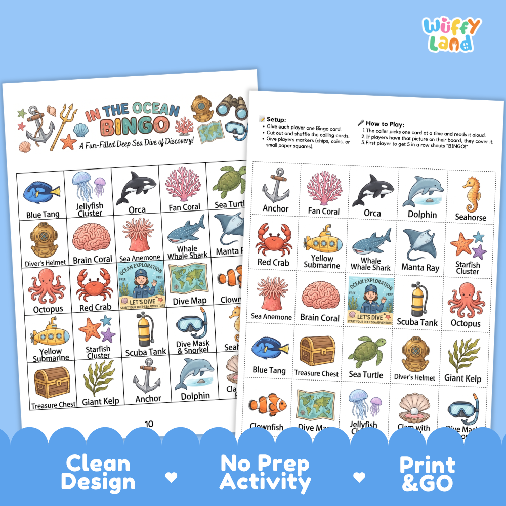 In the Ocean 5x5 BINGO game board featuring octopus sea turtle clownfish submarine and coral reef icons