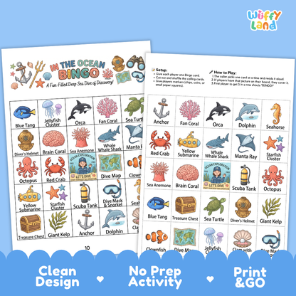 In the Ocean 5x5 BINGO game board featuring octopus sea turtle clownfish submarine and coral reef icons